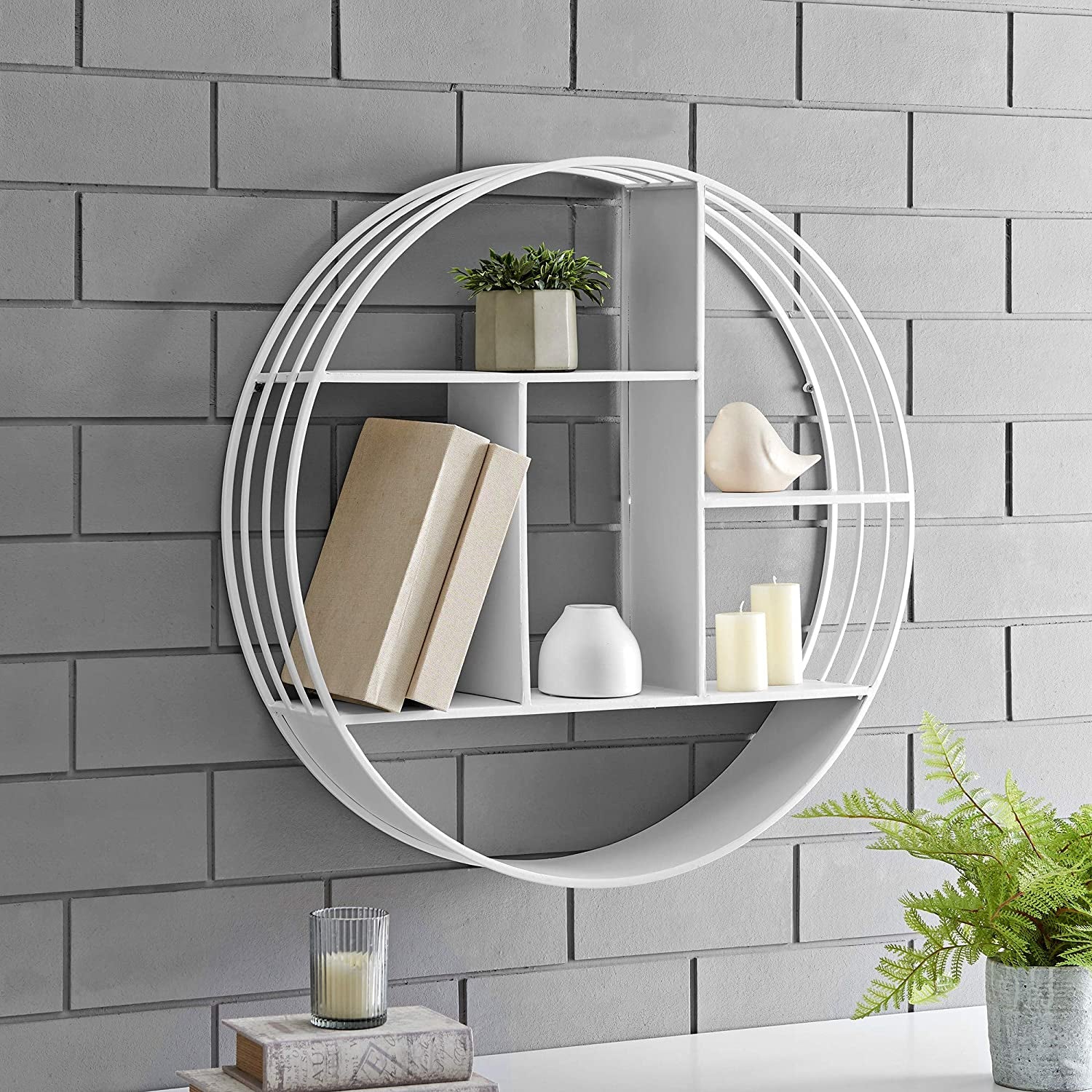 White Brody Wall Shelf, round 3 Tier Wall Mounted Floating Shelf for Bathroom, Bedroom, Living Room Decor, Metal, Industrial, 27.5 Inches
